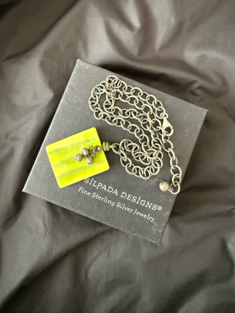 Silpada Lime Green Square Pendant Necklace with Silver Chain
